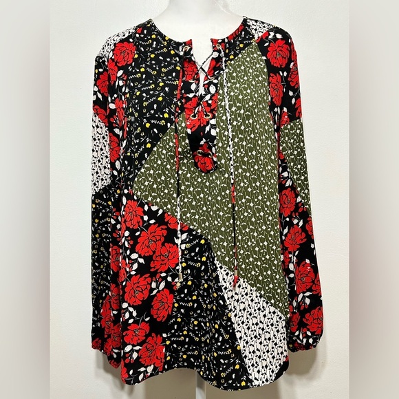 Libby Edelman Boho Peasant Floral Patchwork Lace Up Blouse Womens Size Medium - Picture 1 of 8